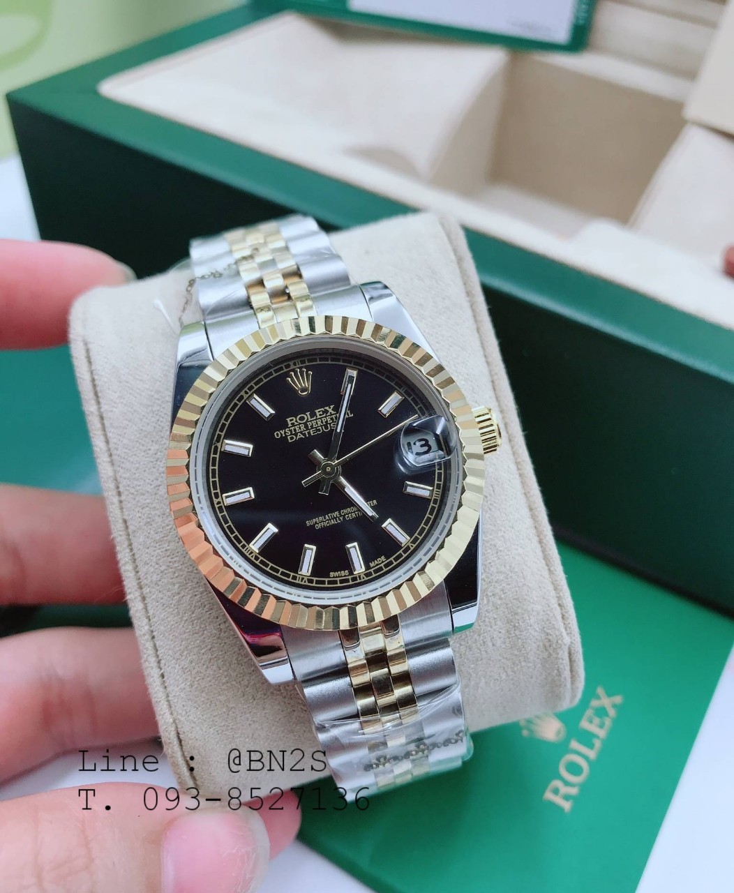 ROLEX DATEJUST Watch ตัวเรือนเงิน หน้าปัดดำ ขอบทอง 31 มม. มาพร้อมกล่องครบชุดตามรูป