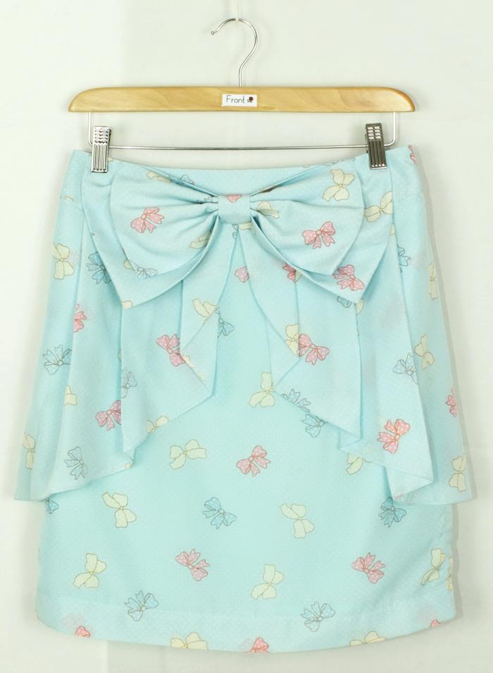 SK-176 กระโปรงแฟชั่น&ทำงาน ผ้าหางกระรอกพิมพ์ลายโบว์สีฟ้า มีโบว์ซ้อนกัน 2 ชั้น