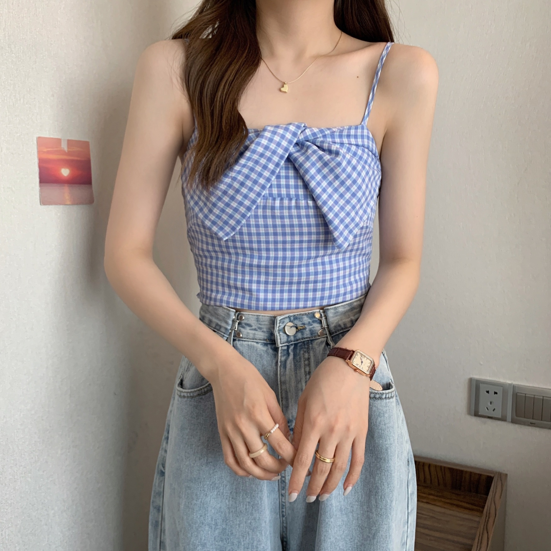 Bowie cami top สายเดี่ยวลายสกอต