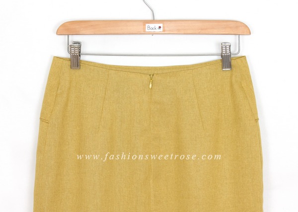 กระโปรงแฟชั่น&ทำงาน กระโปรงทรงสอบผ้าคอตต้อนลินินไอริสสีเหลืองมาสตาส ด้านหน้ากระโปรงดีไซน์ตัดต่อดูเรียบหรู / SK-428