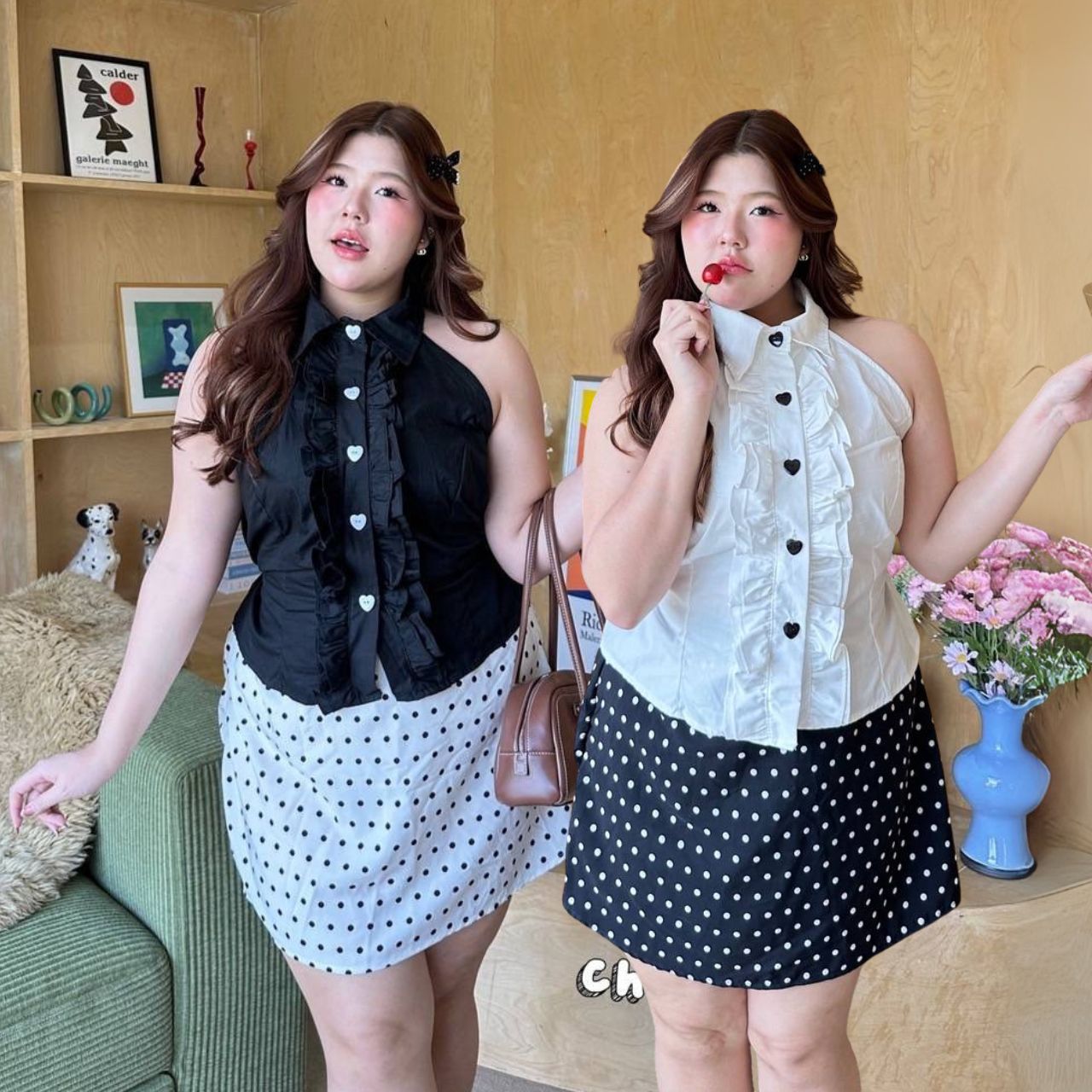 J153 เสื้อสาวอวบ คอปก มีเชือกพูกหลัง ดำ ขาว อกได้ถึง48นิ้ว หน้าผ้า50นิ้ว