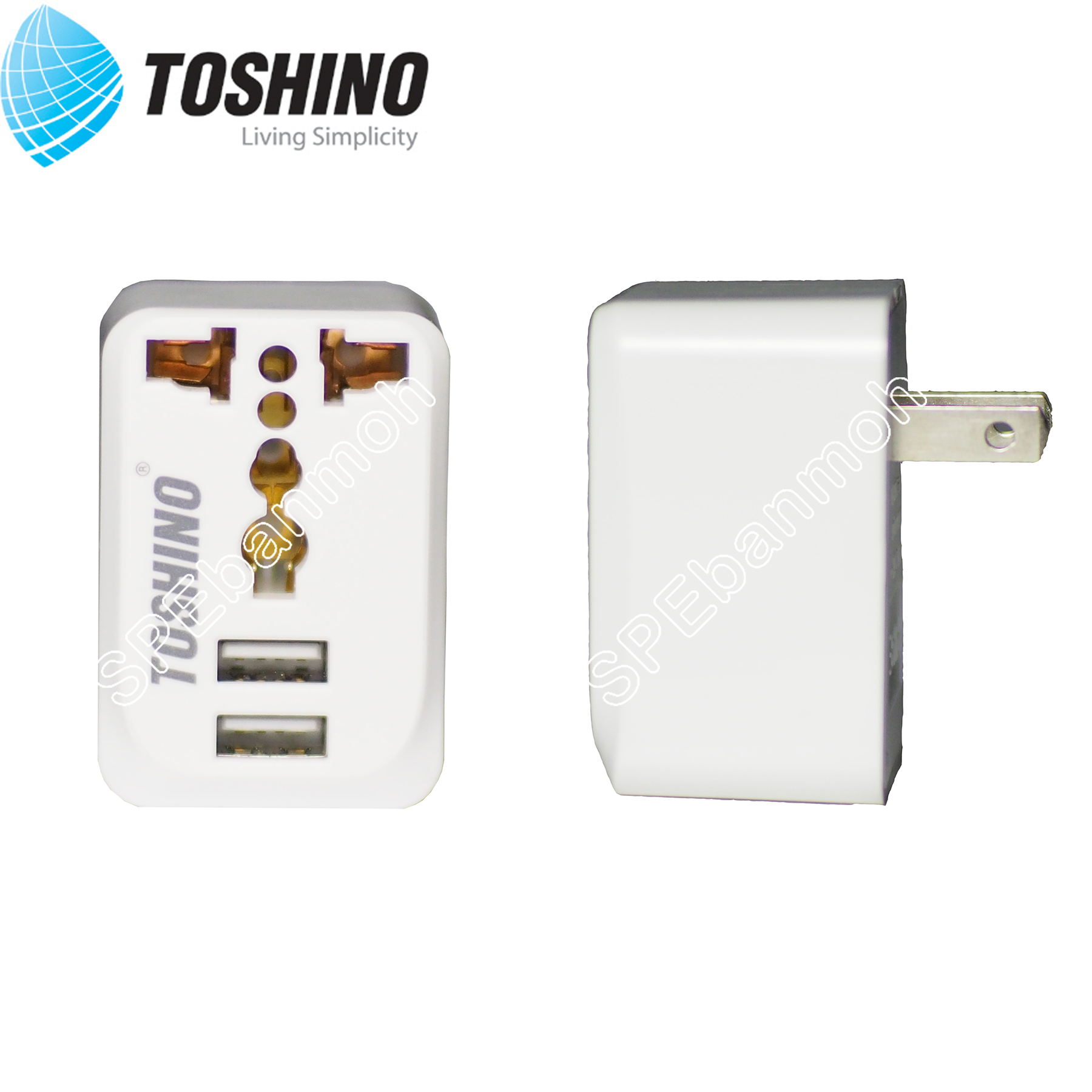 PU-E ปลั๊กแปลง 1 ช่อง 2 USB 2ขา แบน Toshino โตชิโน