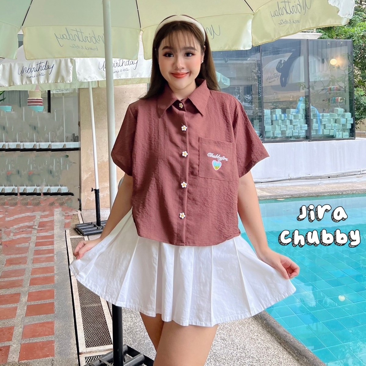 J056 เสื้อครอปคอปก แต่งกระดุมเดซี่ อกได้ถึง 48นิ้ว หน้าผ้า50นิ้ว