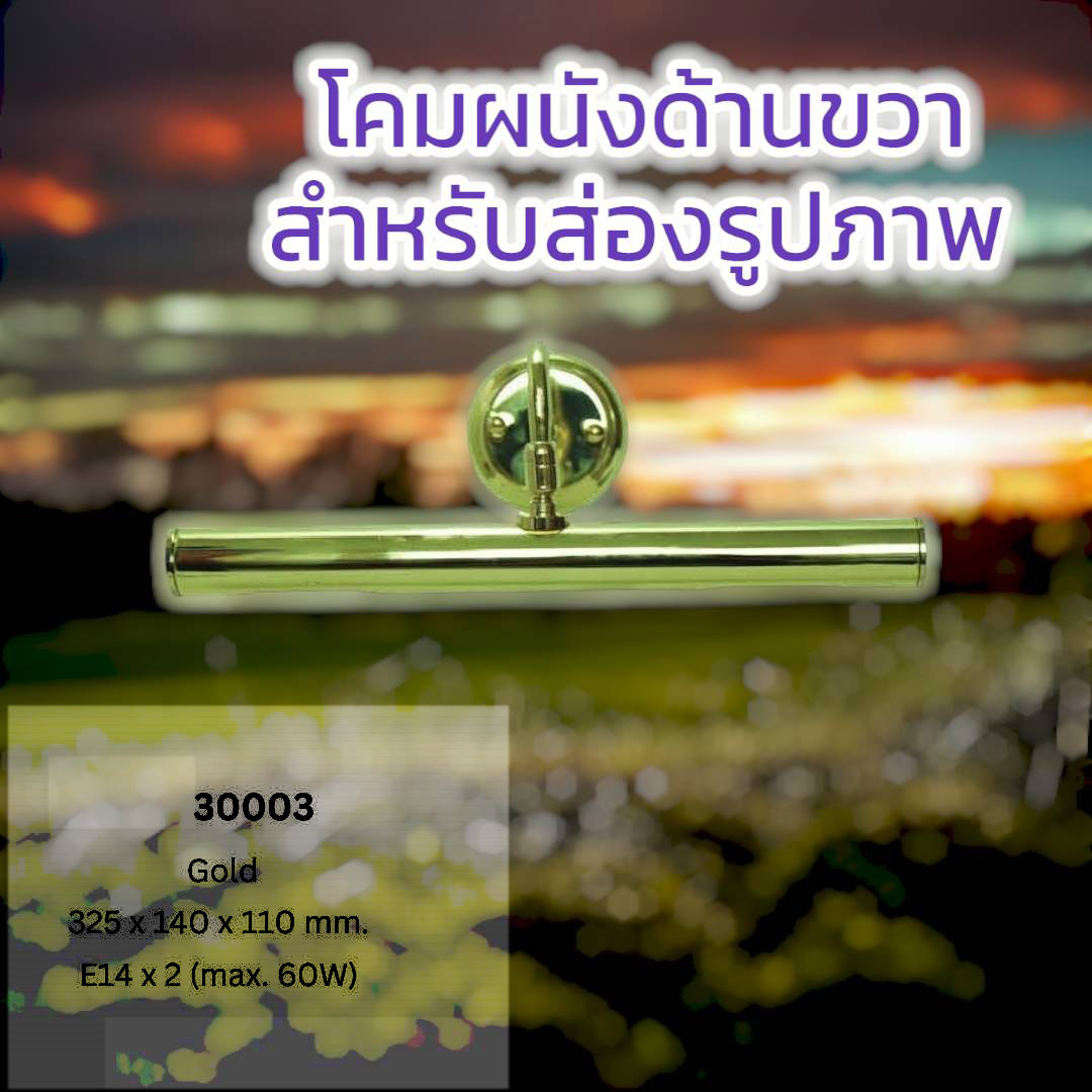 ไฟฉายโคมไฟติดผนังด้านขวาสำหรับส่องรูปภาพสีทอง สีเงิน 325 x 140 x 110 มม. E14 x 2 (สูงสุด 60W)