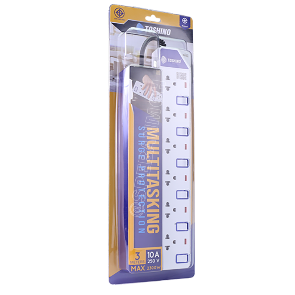 ET-916 ปลั๊กพ่วง TOSHINO ET Series มาตรฐาน มอก. รางปลั๊กไฟ 6 ช่อง 6 สวิตซ์ ยาว 3 เมตร TOSHINO ET916 6ช่อง 3เมตร TOSHINO ET 916 ระบบ ป้องกันกระแสไฟเกินอัตโนมัติ ระบบ ป้องกันไฟกระชาก ผลิตจาก วัสดุไม่ลามไฟ ไฟแสดงสถานะ การใช้งาน ม่านนิรภัย ป้องกันไฟดูด