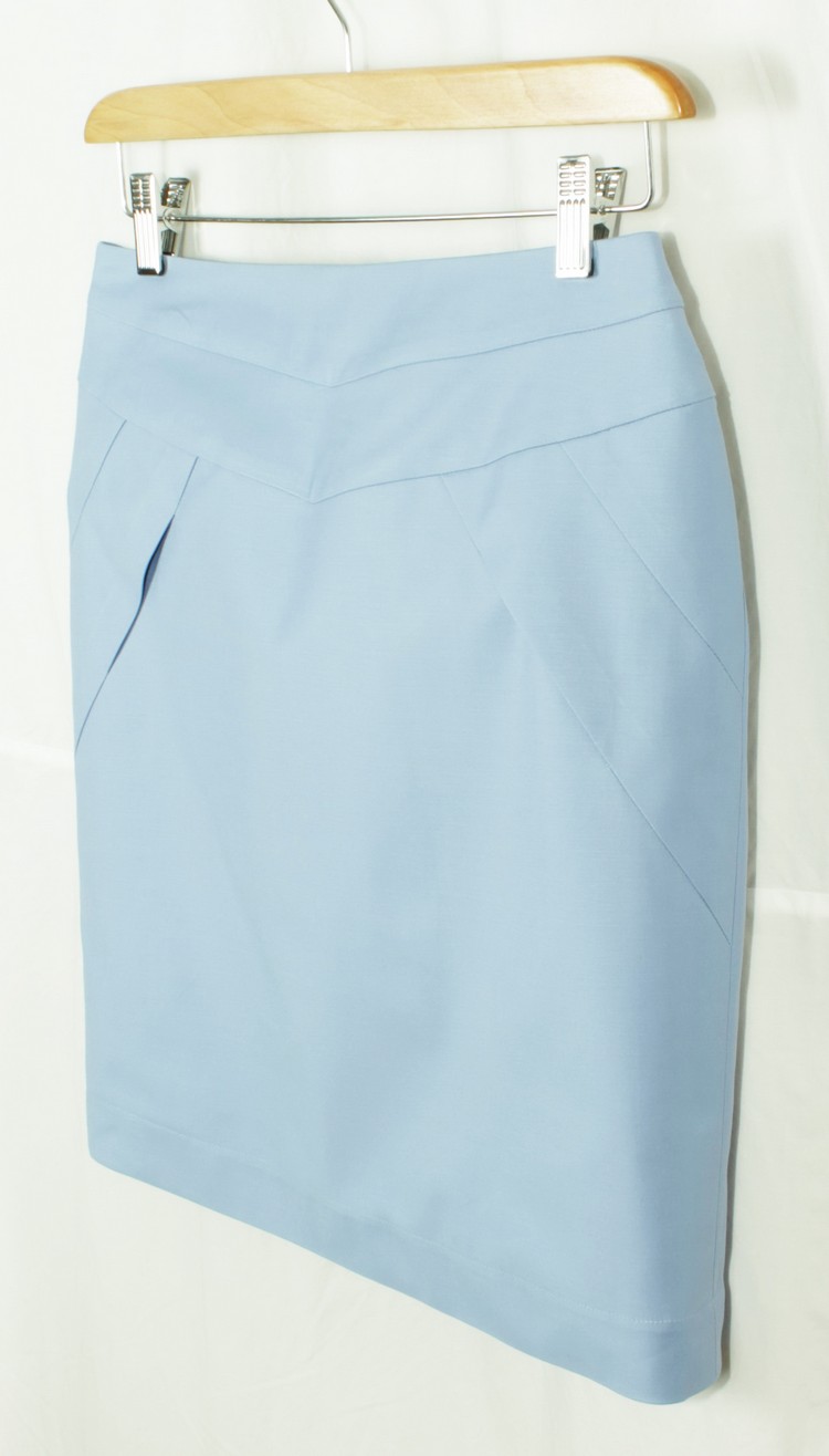 SK-158 กระโปรงแฟชั่น&ทำงาน ทรงสอบตัดต่อ ผ้าคอตตอนญี่ปุ่นผสมสเป็นเดกสีฟ้าคราม