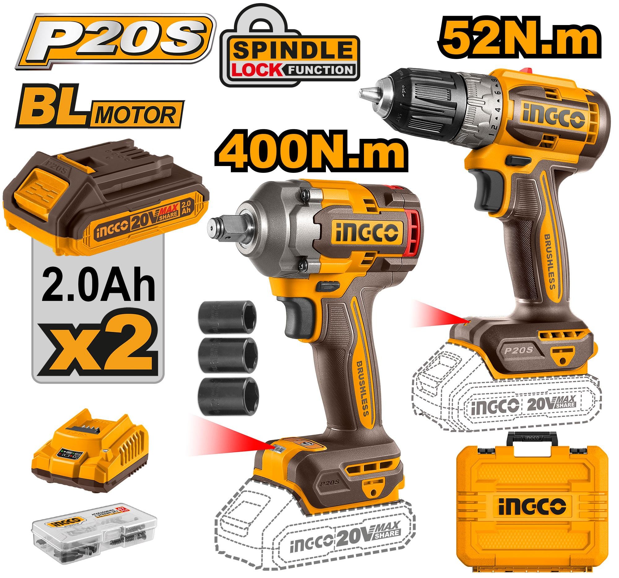 INGCO CKLI20271 Combo Set 20V ( สว่านไขควงCDLI20453 + บล็อกไร้สาย CIWLI2040 ) แบต 2Ah.x 2 ก้อน BL Motor