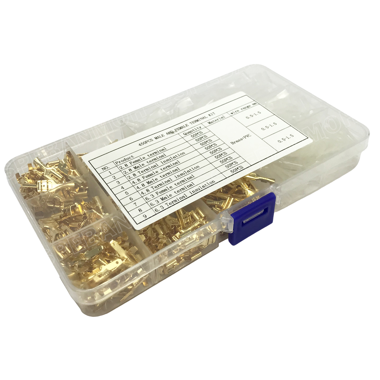 [ 1 กล่อง ] F-450 หางปลาเสียบเปลือยทองเหลืองแบบแบน 450ชิ้น ขั้วต่อสายไฟทองเหลือง ปลอกยางหุ้มหาง ขั้วต่อหางปลา ตัวผู้ ตัวเมีย ชุดเชื่อมต่อสายไฟ หัวเสียบสายไฟทองเหลือง Un-Insulated Crimping Terminal ขนาด 2.8 , 4.8 , 6.3 mm แบบกล่อง 450 pcs