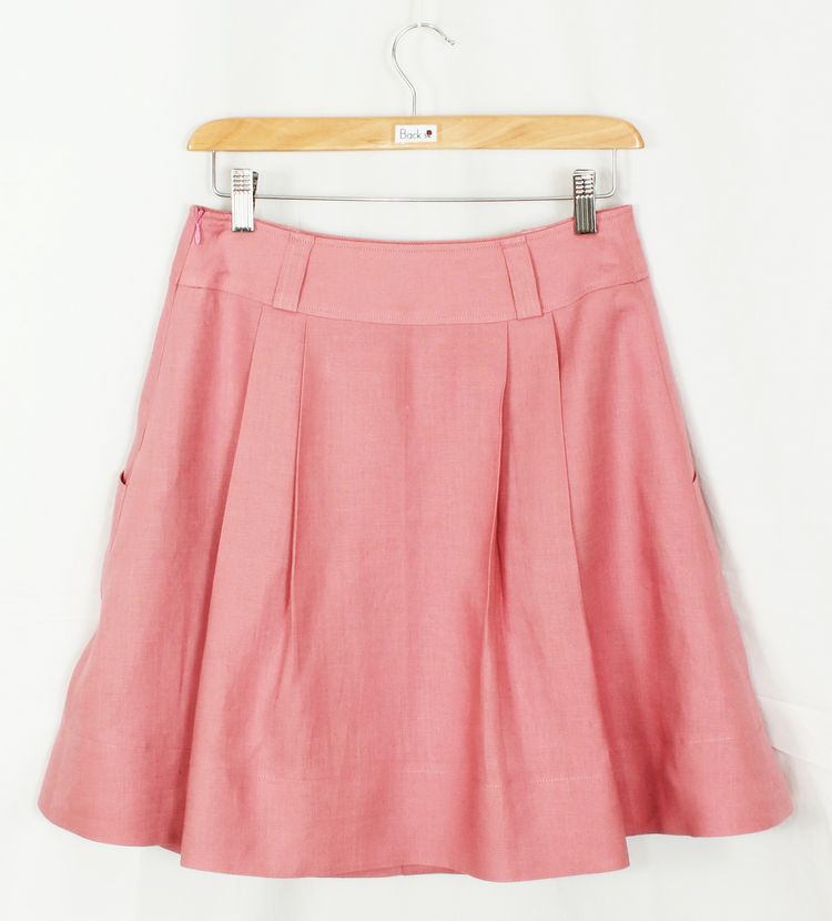 SK-192 กระโปรงแฟชั่น&ทำงาน ทรงบานผ้าลินินญี่ปุ่นสีชมพูพาสเทล มีกระเป๋าล้วงได้ 2 ข้าง