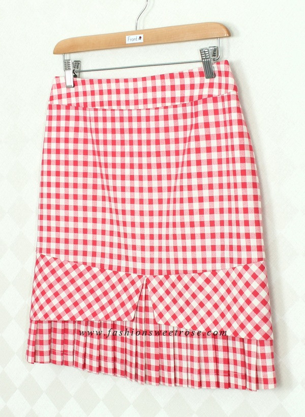 SK-380 กระโปรงแฟชั่น&ทำงาน ทรงสอบ ผ้าคอตต้อนลินินญี่ปุ่น ลายสก๊อตโทนแดง ชายกระโปรงจับจีบรอบตัว