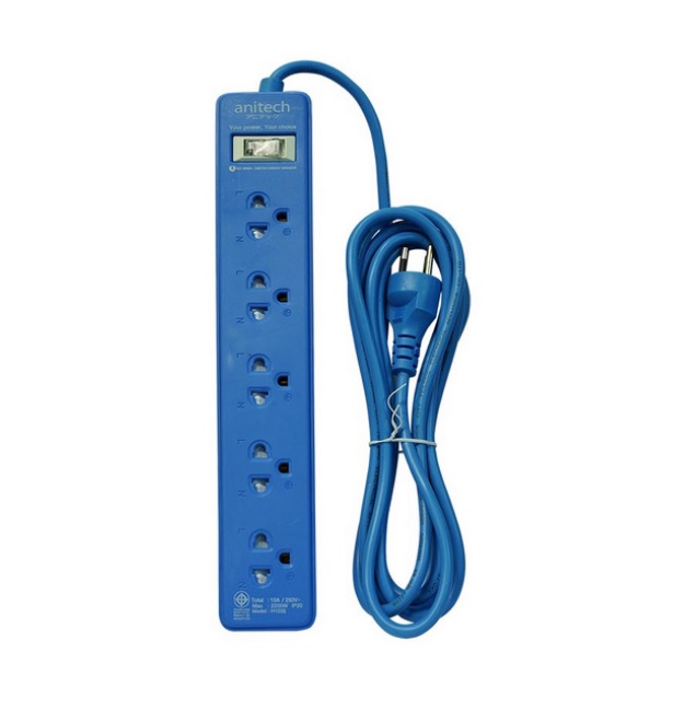 รางปลั๊กไฟ 5 ช่อง 1 สวิตซ์ ANITECH สีน้ำเงิน รุ่น H1035-BL ปลั๊กไฟมาตรฐาน มอก.