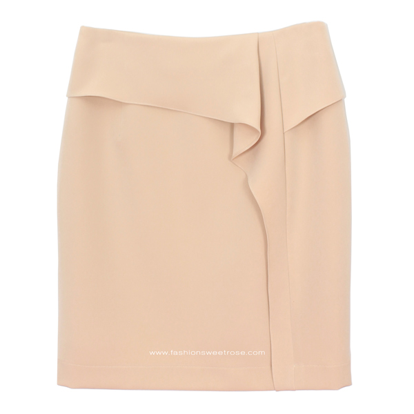 กระโปรงทรงสอบ แต่งระบายด้านหน้า ผ้า Double Twist สีเบจ / SK-483
