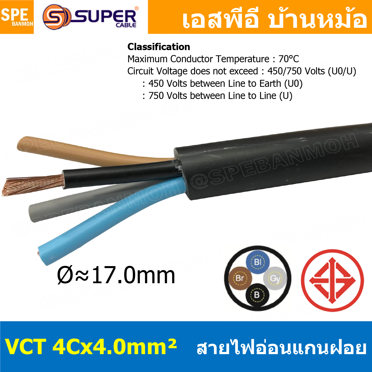 [ 1 เมตร ] VCT-4x4.0 สาย VCT 4C X 4.0 sq.mm สายอ่อน 4 คอร์ Size 4.0 sq.mm VCT AC Power Cable สายไฟ AC สายปลั๊ก IEC53 สายมาตรฐาน มอก. TIS 11-2553 4x4.0 สายไฟเอซี สายไฟบ้าน VCT Cable Flexible Cable สายไฟ ฉนวนPVC สายไฟอ่อน