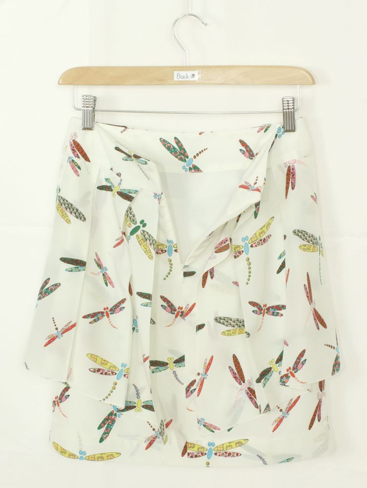 SK-164 กระโปรงแฟชั่น&ทำงาน ผ้าหางกระรอกพิมพ์ลายแมลงปอพื้นขาว มีโบว์ซ้อนกัน 2 ชั้น