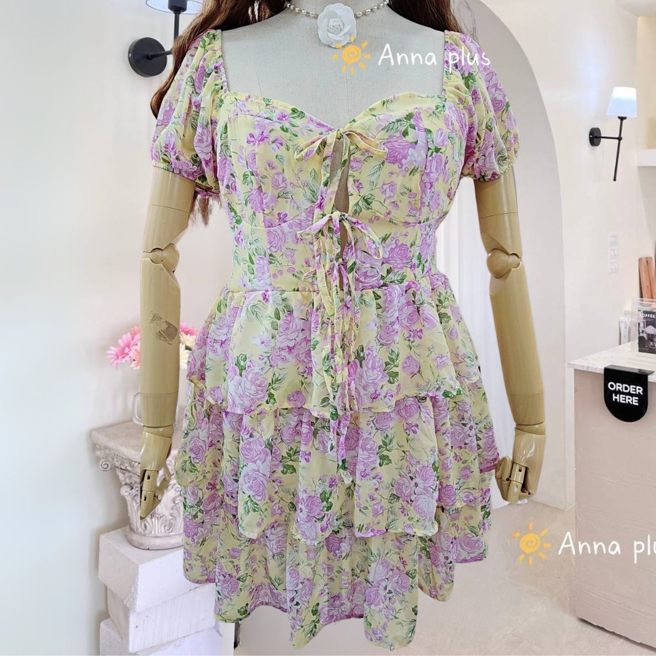 A211 เดรส สาวอวบ ซิบหลัง ผ้าชีฟอง กระโปรงซ้อนชั้น ดอกส้ม ดอกม่วง อก 40-52นิ้ว