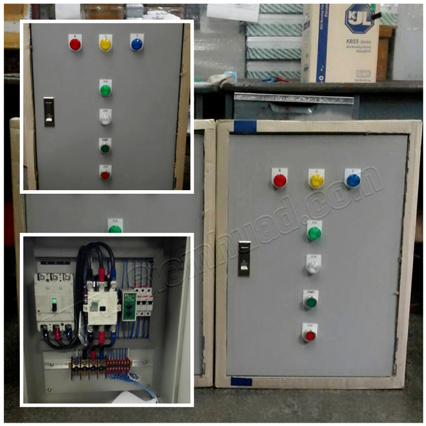 ตู้ควบคุมมอเตอร์ Start Stop สตาร์ท สต๊อป (อุปกรณ์ไฟฟ้า WALL MOUNTING CABINET (KJL), Control Switch, MOLD CASE CIRCUIT BREAKER (MITSUBISHI), PHASE PROTECTOR (PRIMUS), Miniature Circuit Breaker (ABB), MAGNETIC CONTACTOR (MITSUBISHI)