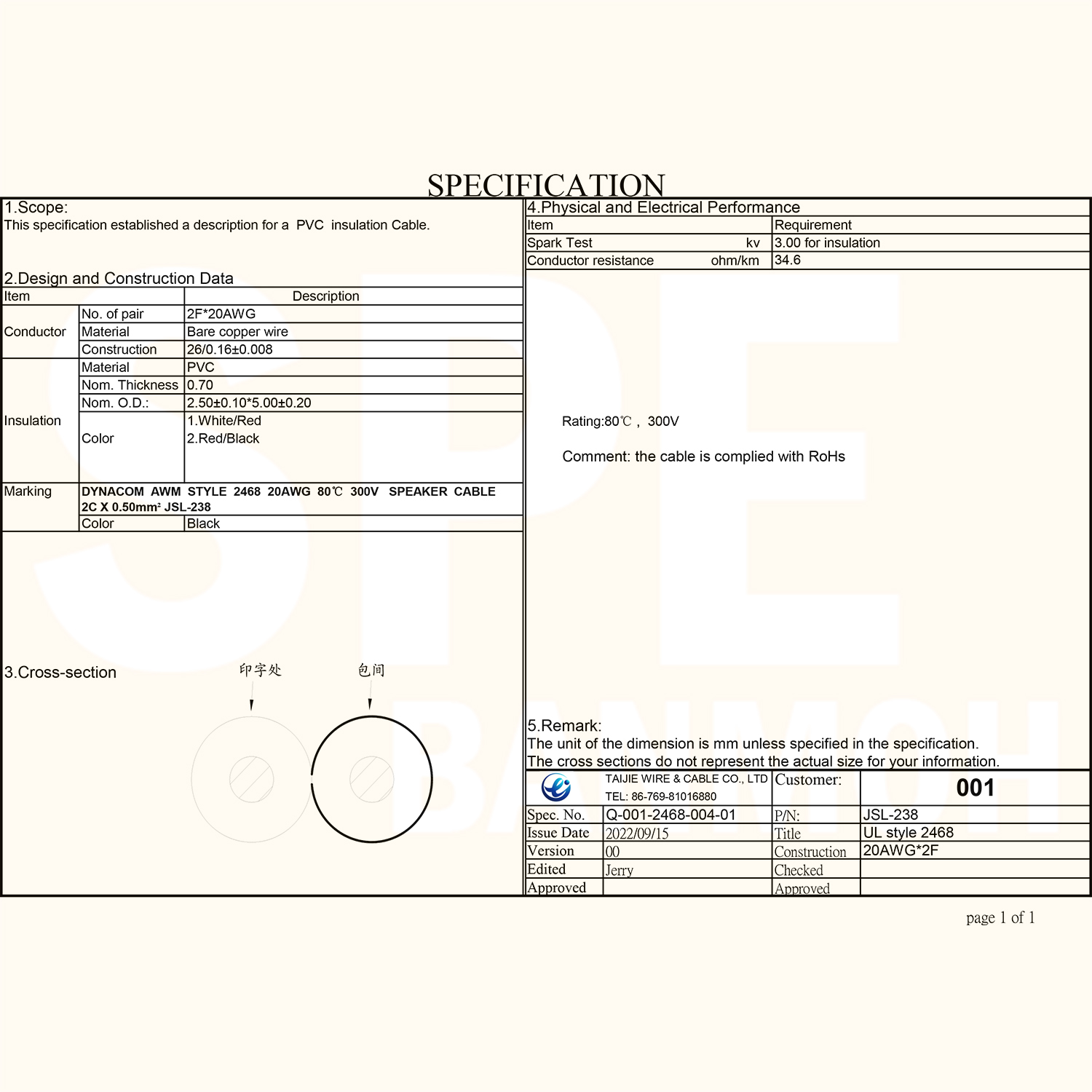 [ 4เมตร ] JSL-238 สายไฟคู่ 2Cx20AWG UL2468 Twin Cable Dynaom สายทองแดง ไฟDC ต่อลำโพง ขนาด 20 AWG 0.51 sq.mm 80°C 300V DC Cable Speaker Cable สายต่อสเปคคอน สายสเปคคอน Speak-on JSL238
