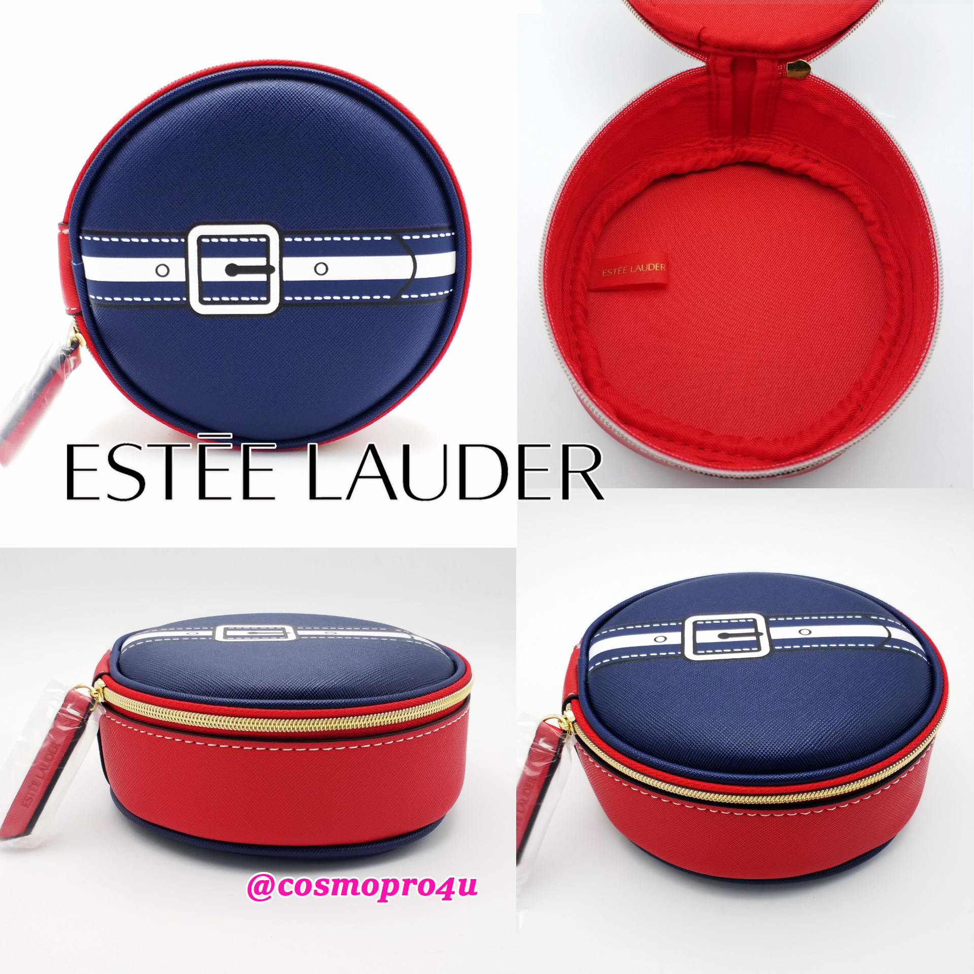 กระเป๋า Estee เอสเต้ ทรงกล่องกลม ซิปรอบ หนัง pu หนา สีแดง-กรมท่าลายเข็มขัด ขนาด 15×6.5 ซม.