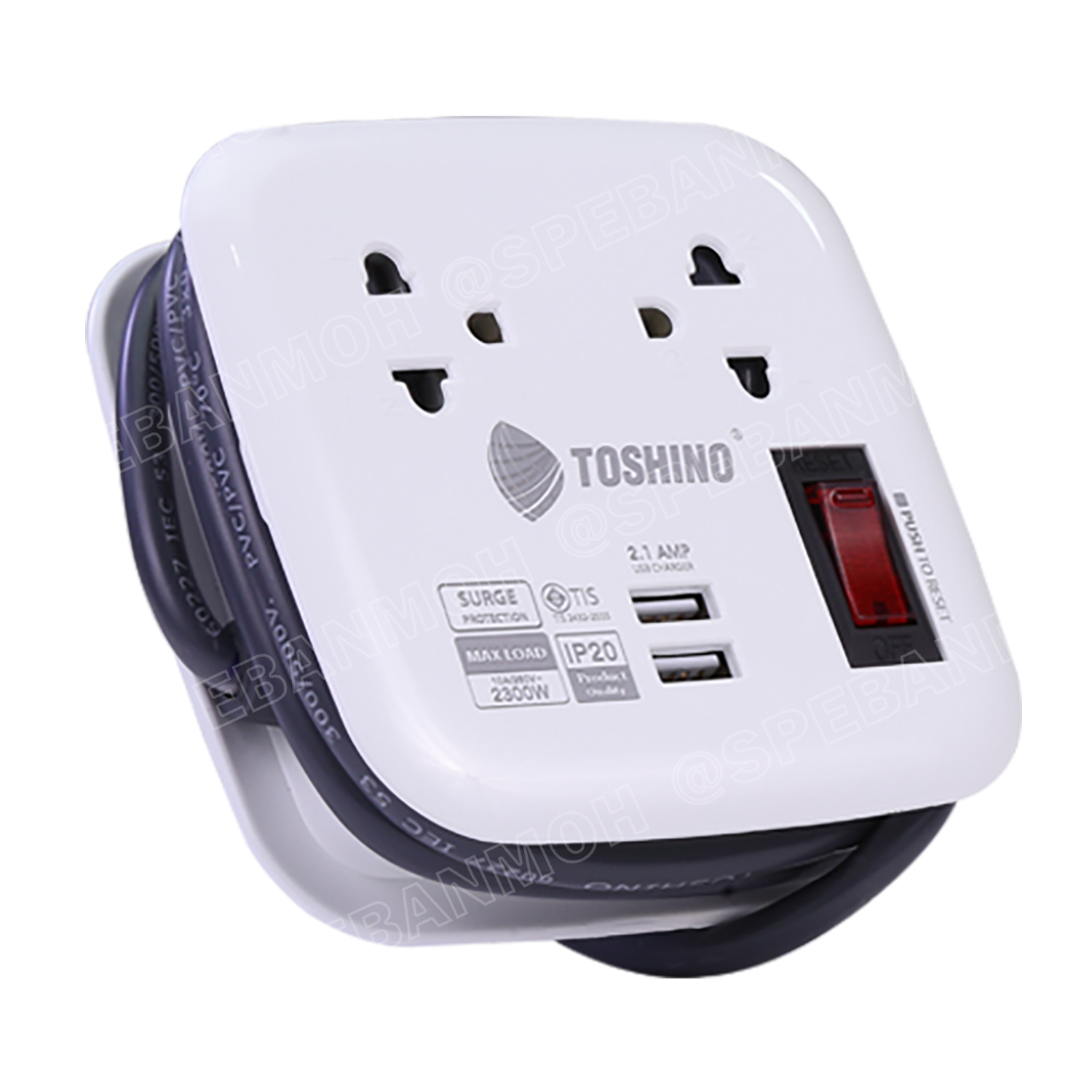 XP-1M ปลั๊กราง Toshino ปลั๊กไฟพกพา XP-1M รางปลั๊กไฟ 2 ช่อง 1สวิตซ์รีเซ็ต 2 USB 2.1A ยาว 1 เมตร รองรับกำลังไฟ 10A 2300W รางปลั๊กไฟ 2 ช่อง 1สวิตซ์ 2 USB ยาว 1 เมตร รุ่น XP-1M WH Toshino ระบบ Surge Protection ป้องกันไฟกระชาก ระบบ Circuit Br