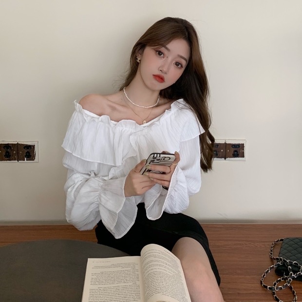 Summe blouse เปิดไหล่ระบายทั้งตัว 2 สี