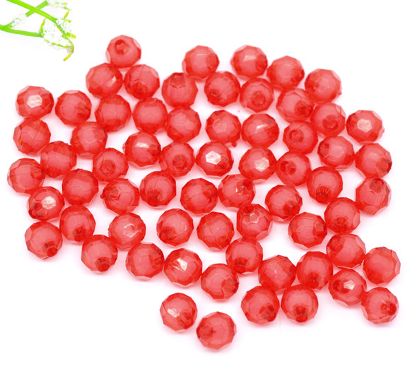 ลูกปัดอะครีลิคกลมเหลี่ยมเจียสีแดง 6mm ไส้ในขาว แพ็ค 100 เม็ด