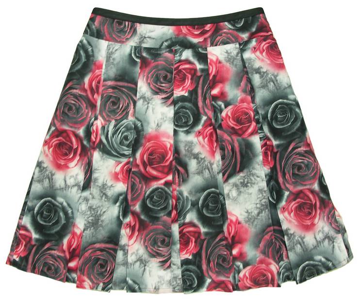 SK-089 กระโปรงแฟชั่น&ทำงาน ทรงบาน ผ้าพิมพ์ลายดอกกุหลาบสีดำแดง