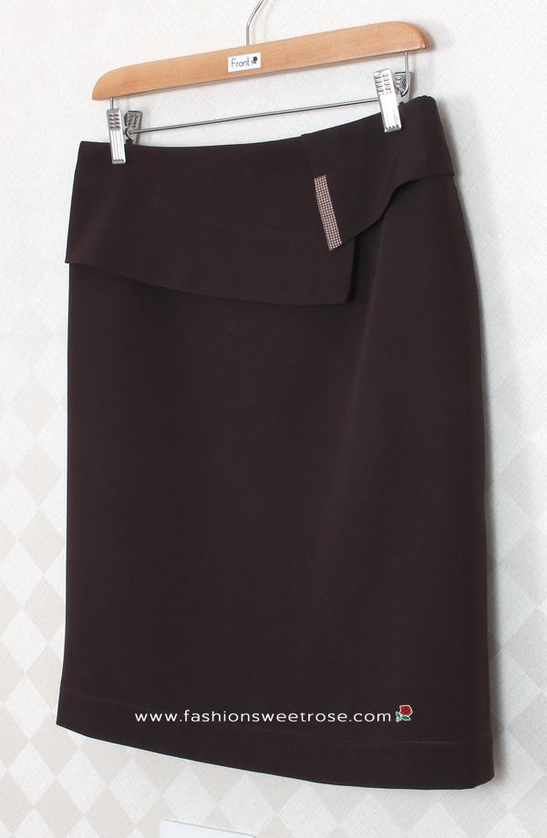 กระโปรงแฟชั่น&ทำงาน ทรงสอบ ผ้าไหมอิตาลีสีน้ำตาลเข้ม ตัดแต่งด้วยผ้า 2 ชิ้น / SK-277