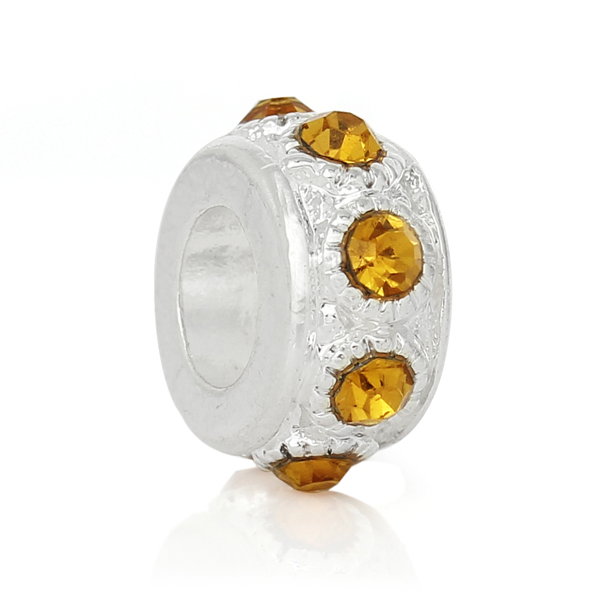 ลูกปัดโยุโรปรูใหญ่เงินชุบประดับพลอย Rhinstone สีเหลือง ขนาด 12mm แพ็ค 2 ชิ้น