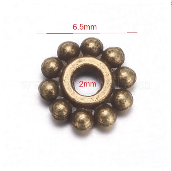 ลูกปัดคั่นโลหะ รูปเกียร์/ดอกไม้ สีสัมฤทธิ์โบราณ ขนาด 6.5mm รู 2mm แพ็ค 100 ชิ้น