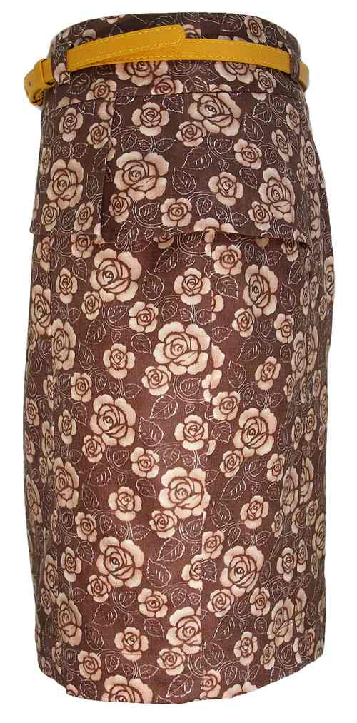 SK-064 กระโปรงทรงสอบ ผ้าคอตต้อนพิมพ์ลายกุหลาบน้ำตาล แต่งขอบเอวด้านหน้า