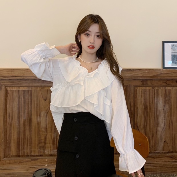 Summe blouse เปิดไหล่ระบายทั้งตัว 2 สี