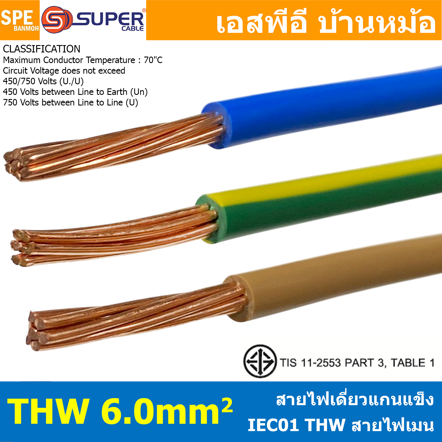 [ 1 เมตร ] S-SUPER THW 1Cx6 sq.mm. สายไฟเดี่ยว สายเต็ม THW IEC01 450/750 TIS แกนแข็ง 6mm เดินเมนและเต้ารับ สายเดี่ยวแกนเเข็ง เดินไปบ้าน AC 220V สำหรับร้อยท่อ สายมาตรฐาน มอก. สายไฟแรงต่ำ 60227 ทองแดงหุ้มฉนวน ฉนวน PVC สายไฟร้อยท่อ สายไฟเมน AC Power Cable