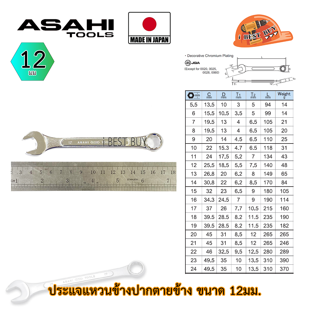 Asahi ประแจแหวนข้างปากตาย อาซาฮี ขนาด 12มม. ผลิตจากประเทศญี่ปุ่น แท้
