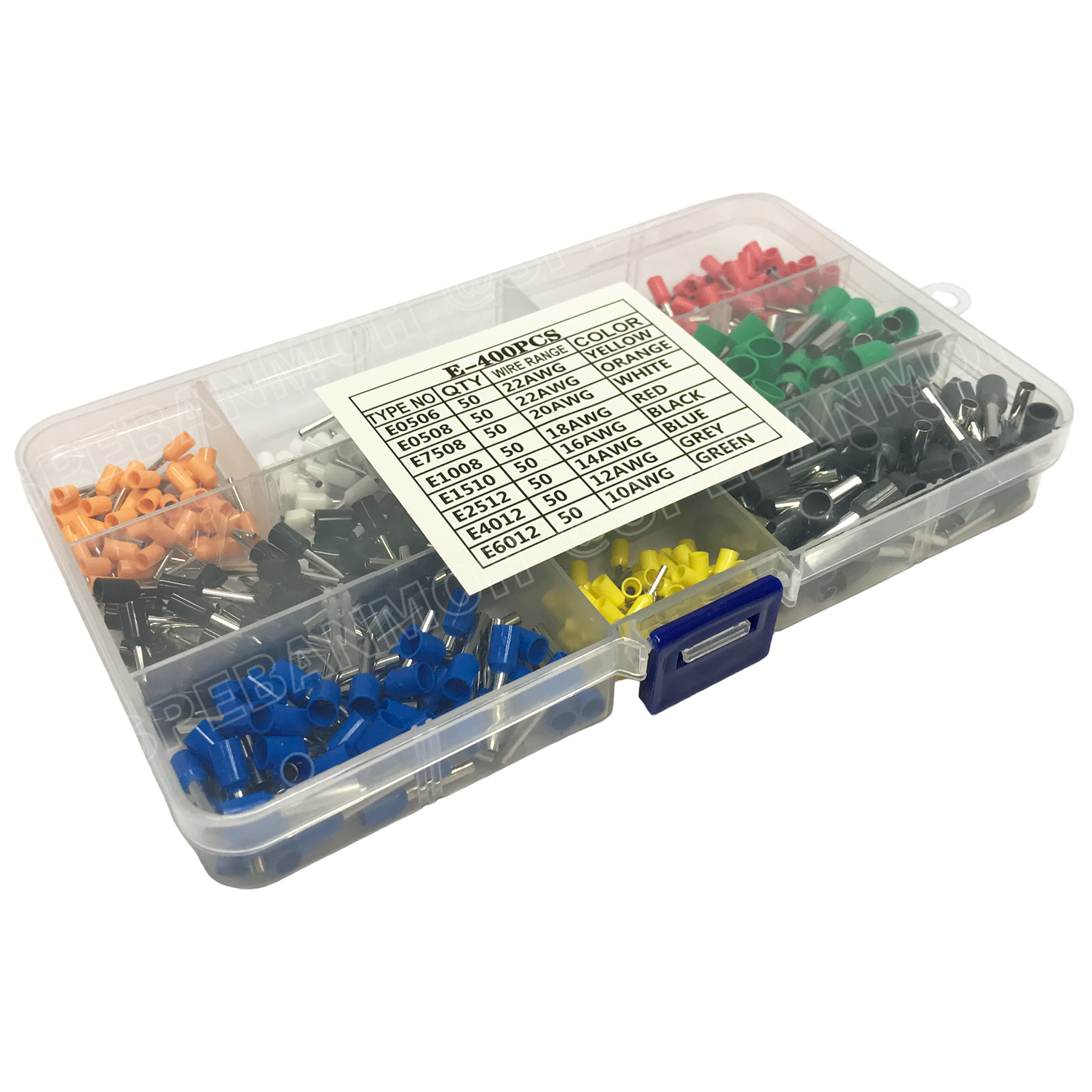 [ 1 กล่อง ] E-400 หางปลาคอร์ดเอ็น 400ชิ้น cord end ขั้วต่อสายไฟ เทอร์มินอล ขั้วต่อหางปลา Terminal Crimping ครอดเอ็น แบบกล่อง หางปลาย้ำปลายสายไฟ แบบเข็ม ขนาด 22 , 20 , 18 , 16 , 14 , 12 ,10 AWG ข้อต่อย้ำสายแบบเดี่ยว คอร์ดเอ็น cord end แบบกล่อง 400 pcs