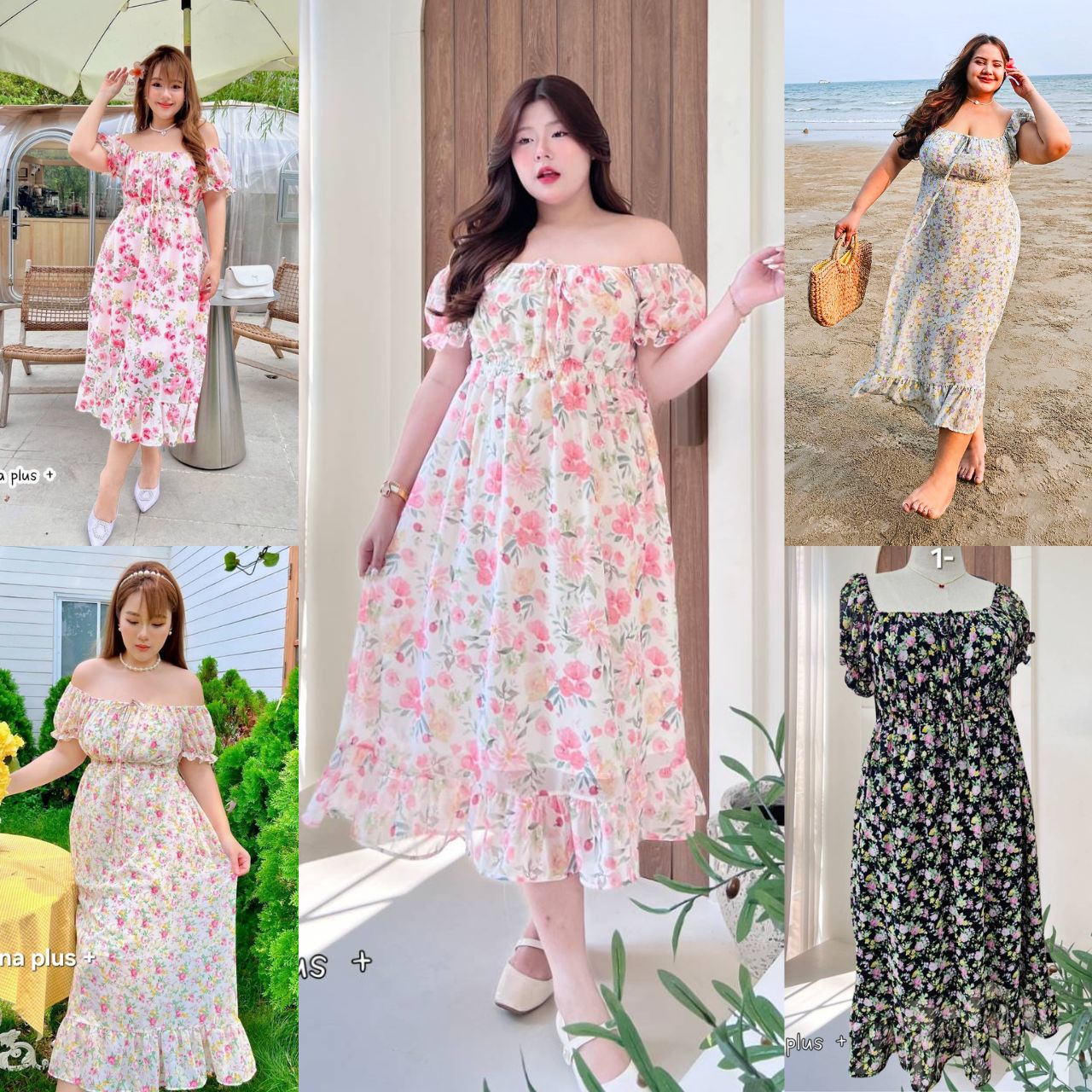 A206 เดรสสาวอวบ ผ้าชีฟอง สม็อคหลัง อกได้ถึง 50 นิ้ว มี4ลาย อก40-50นิ้ว