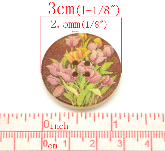 กระดุมไม้เพ้นท์ลายดอกไม้ 4 รู 3ซม. 20 เม็ด คละลาย