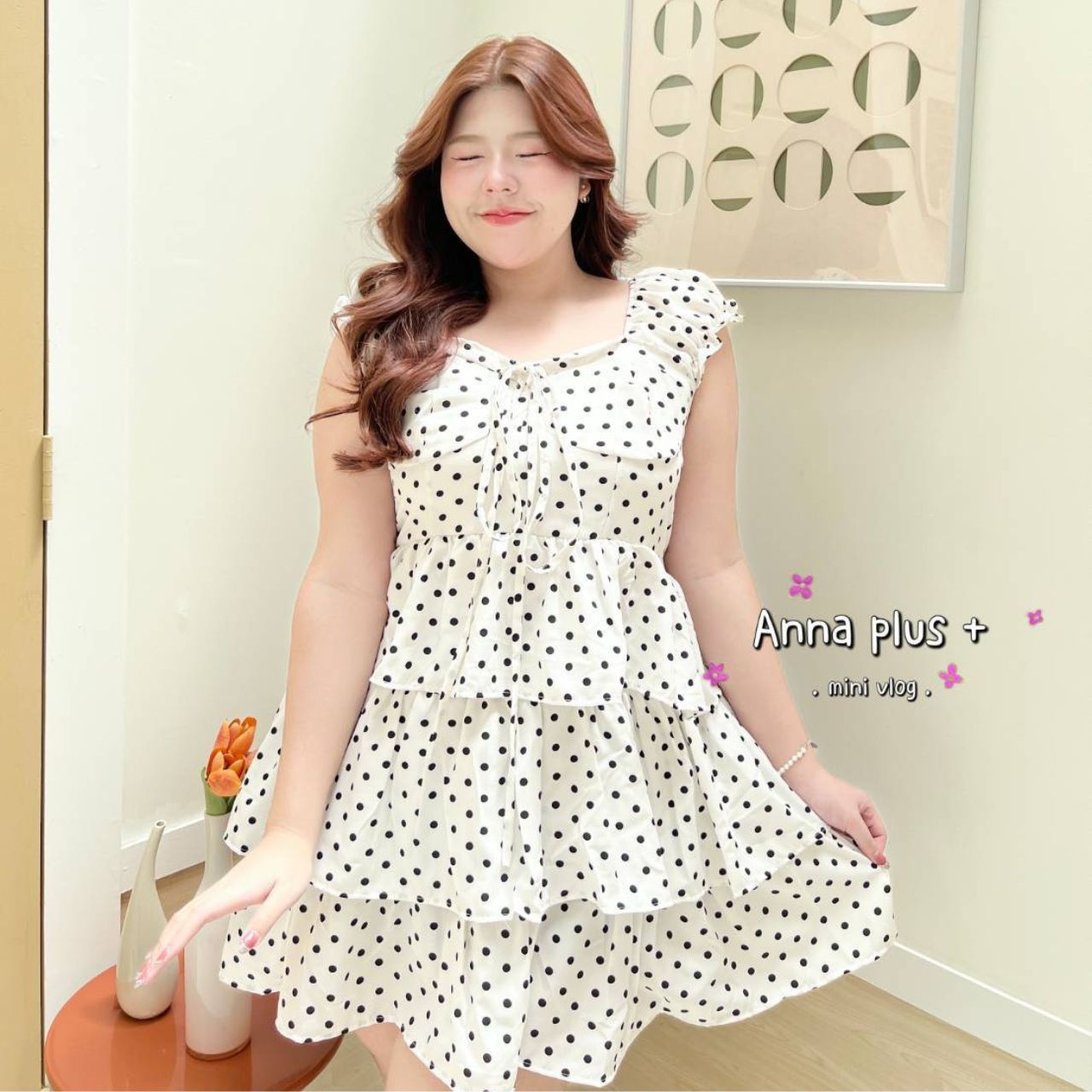 A243 เดรส สาวอวบ กระโปรงซ้อนชั้น ขาว ดำ ชมพู อก42-52