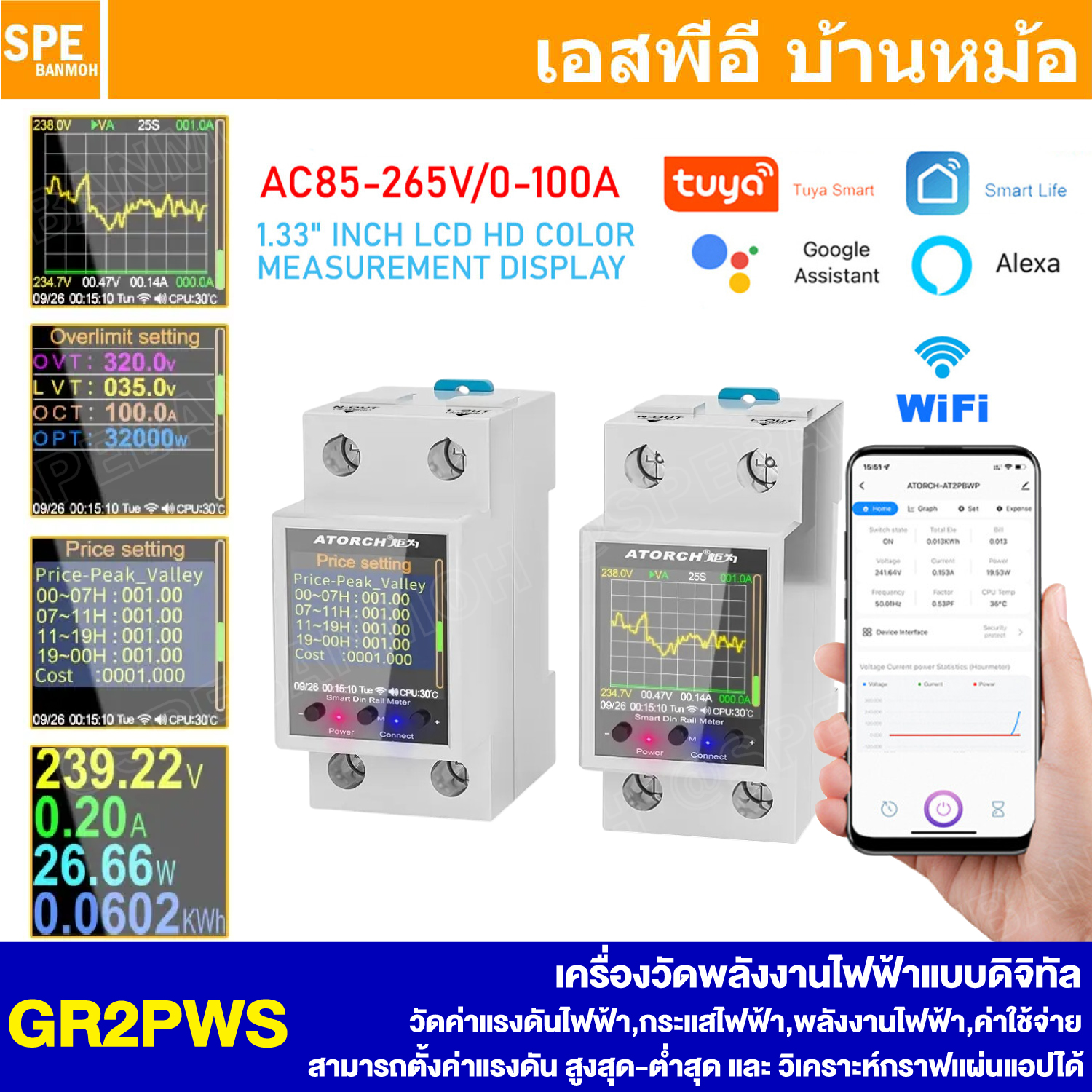 [ 1 ชิ้น ] GR2PWS เครื่องวัดพลังงานไฟฟ้า แบบดิจิตอล Digital Power Meter มิเตอร์ไฟฟ้า Digital Display Monitor Tuya WiFi Smart Din Rail Energy Meter Control Real-Time Voltage Current Curve Monitor for Home Power Energy Meter