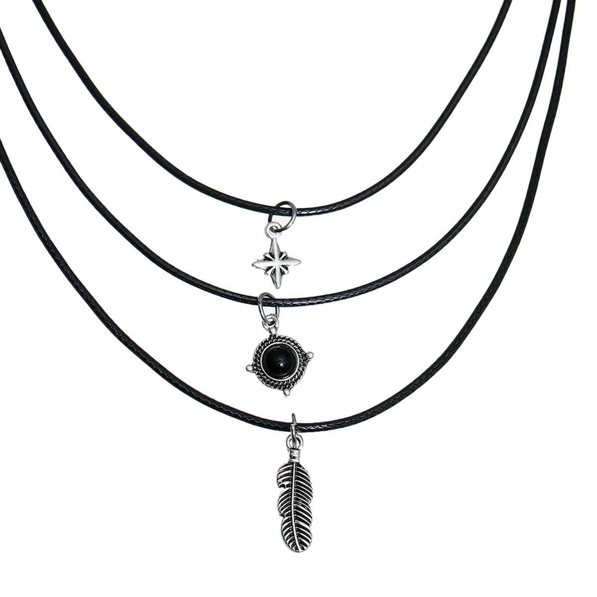 สร้อยคอ Choker แฟชั่น สายหนัง จี้เงิน antique สามชั้น ดำ 1 เส้น