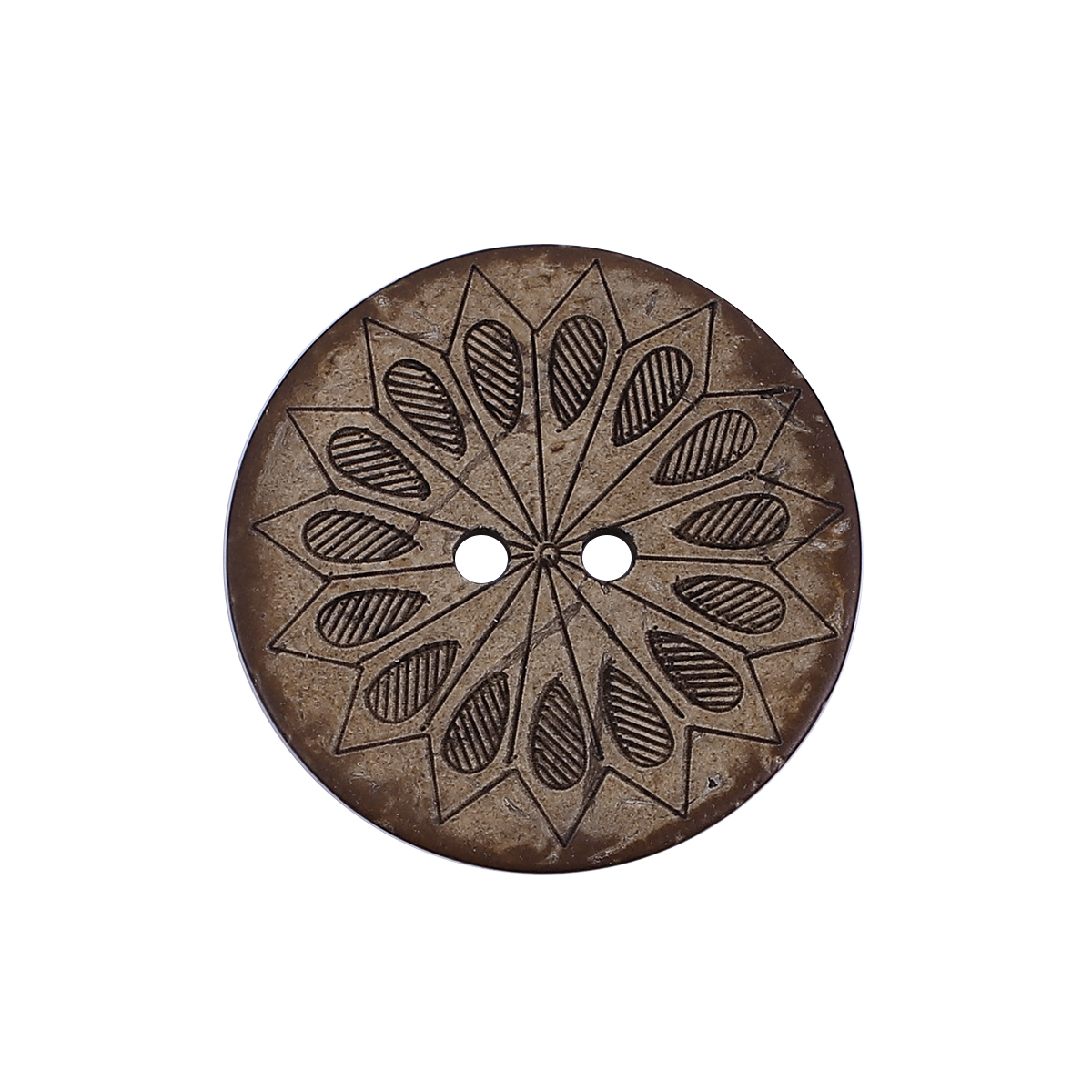 กระดุมกะลา 2 รู เม็ดกลมแกะลายดอกไม้แฉก ขนาด 2.8 ซม. จำนวน 10 ชิ้น