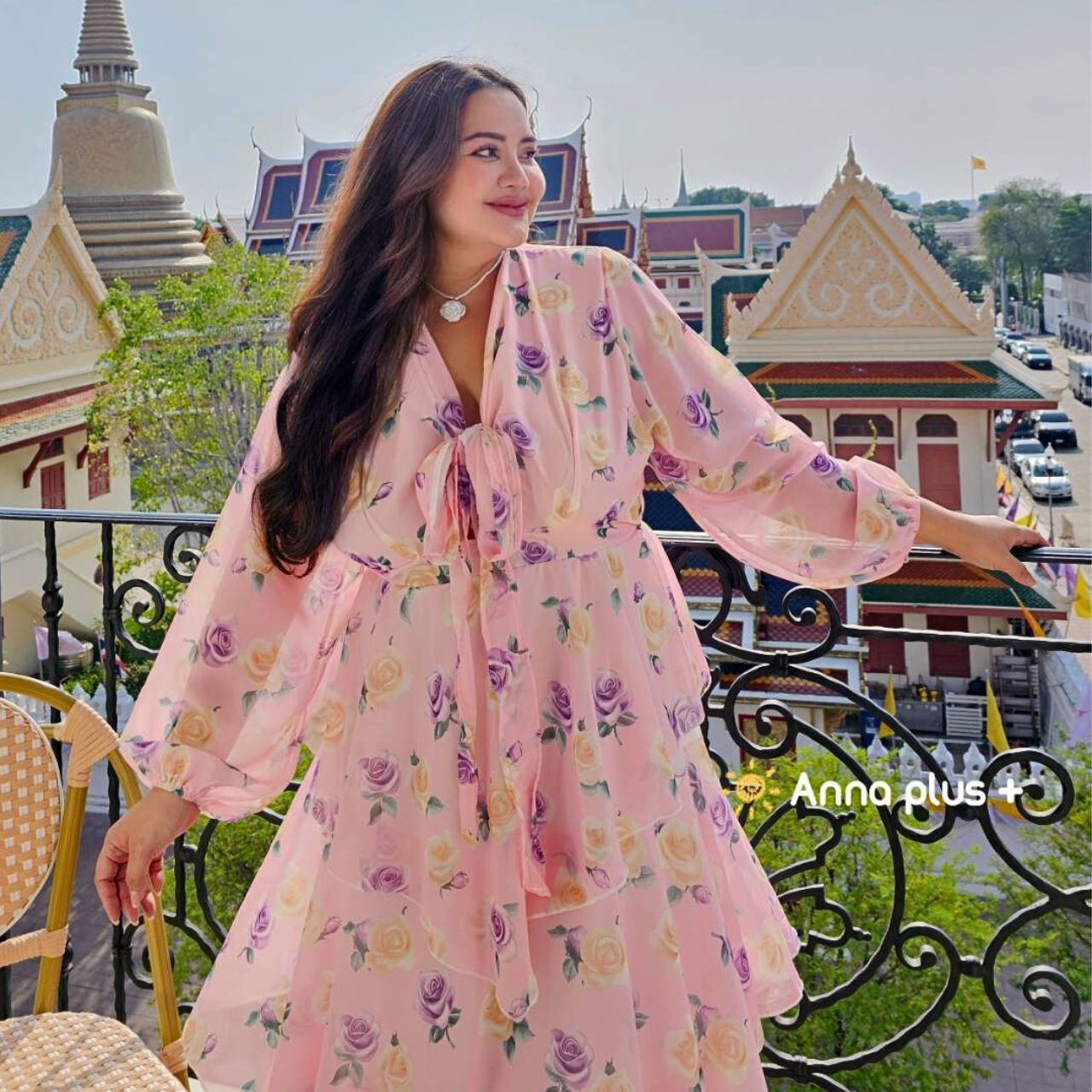 A221 แม็กซี่เดรสสาวอวบ ผูกโบว์ด้านหน้า ผ้าชีฟอง สม็อคหลัง ขาว ชมพู ดำ อก40-52นิ้ว