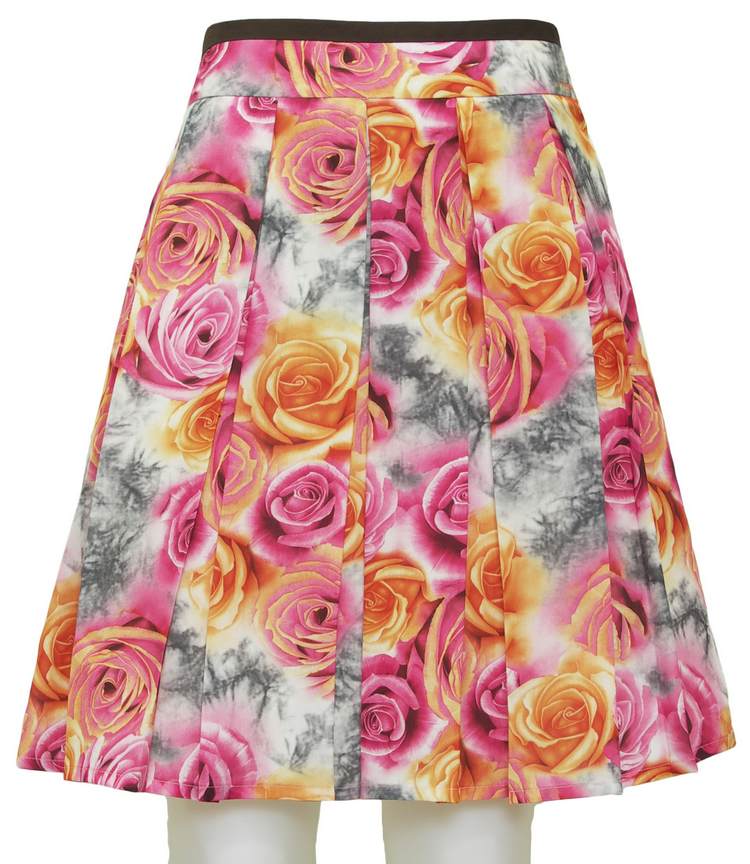 SK-090 กระโปรงแฟชั่น&ทำงาน ทรงบาน ผ้าพิมพ์ลายดอกกุหลาบสีชมพูเหลือง
