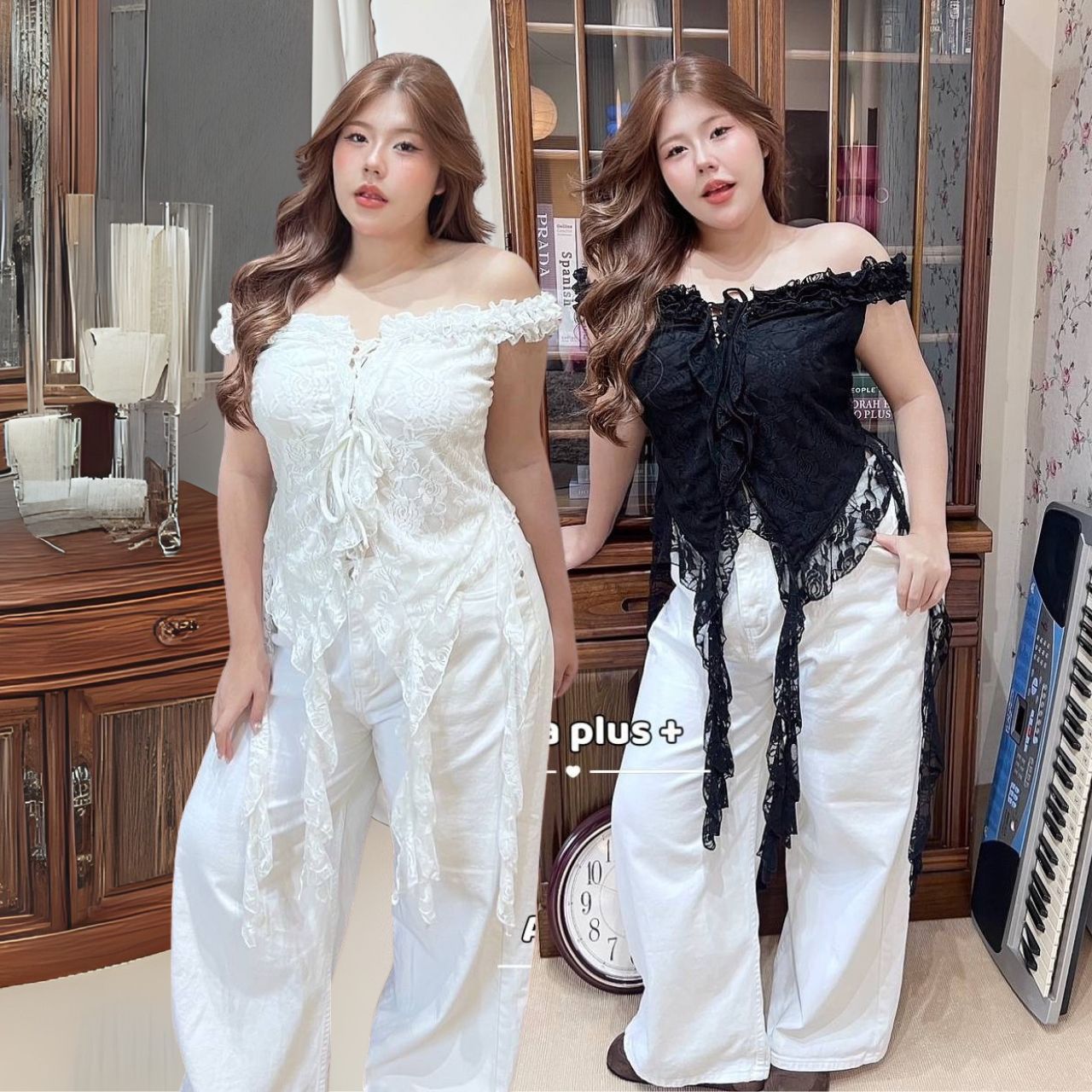 A258 เสื้อสาวอวบ ผ้าลูกไม้ ขาว ดำ อกได้ถึง38-48 นิ้วหน้าผ้า50นิ้ว