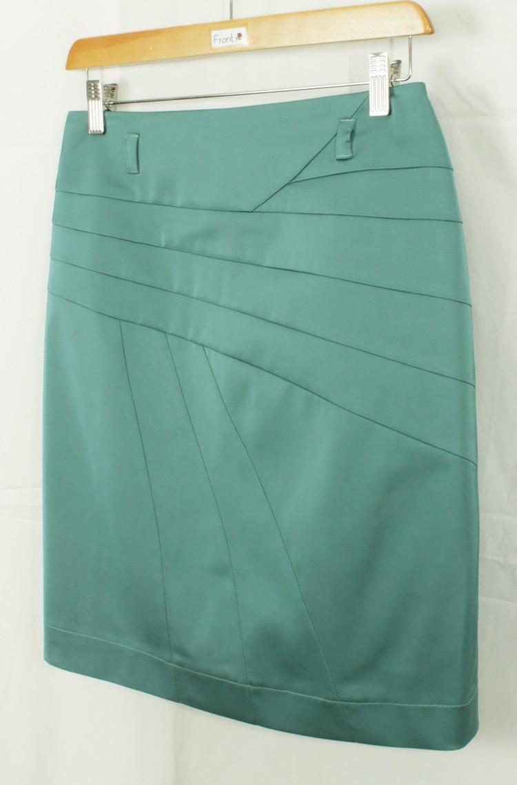 SK-128 กระโปรงแฟชั่น&ทำงาน ทรงสอบแบบตัดต่อ ผ้าญี่ปุ่นสีเขียวอมฟ้า