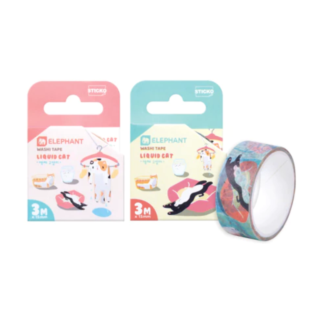 เทปกาวกระดาษ Washi Tape 15มม. x 3ม. ตราช้าง Elephant ลาย LIQUID CAT