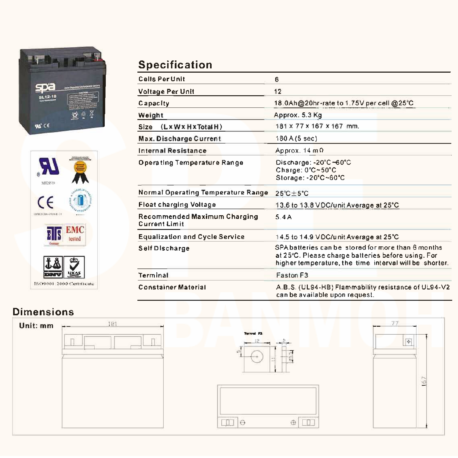SL12-18 SPA Battery 12V 18A แบตเตอรี่แห้ง สำรองไฟ 12V 18Ah แบตเตอรี่สปา แบตเตอรี่ SPA แบตแห้ง SPA แบต UPS ไฟฉุกเฉิน ระบบเตือนภัย แบตเครื่องสำรองไฟ แบตไฟฉุกเฉิน แบตUPS แบตเตอรี่แห้ง SPA Valve Regulated Lead Acid Battery แบตเตอรี่ชนิดแห้ง ไม่ต้องเติม
