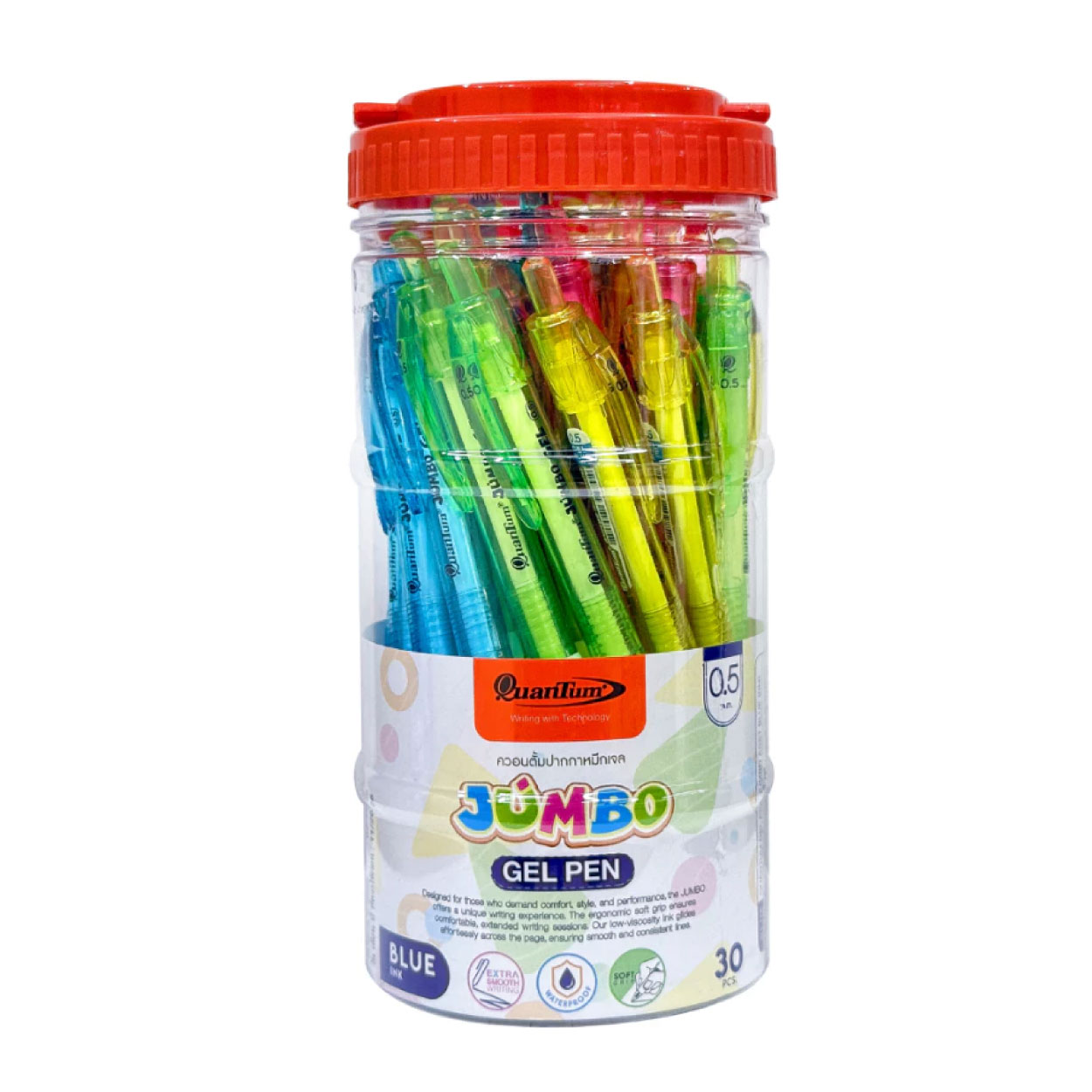 ปากกาเจล Quantum รุ่น Jumbo Gel หัว 0.5 มม. หมึกสีน้ำเงิน กันน้ำ คละสี