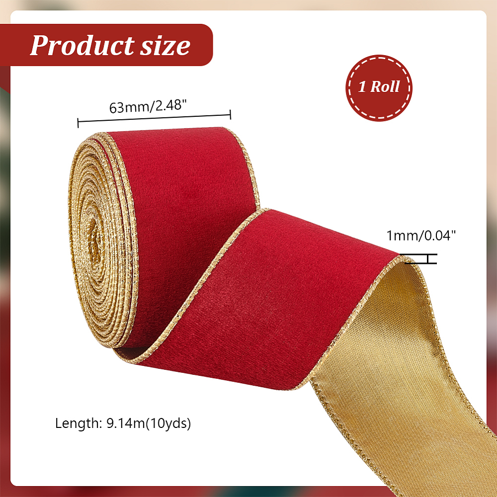 ริบบิ้นผากำมะหยี่ สีแดง หน้าเดียว ขอบลวดดัด หน้ากว้าง 2-1/2 inch(63mm) ม้วนยาว 10 หลา สำหรับทำโบว์ ห่อของขวัญ ตกแต่งงานปาร์ตี้