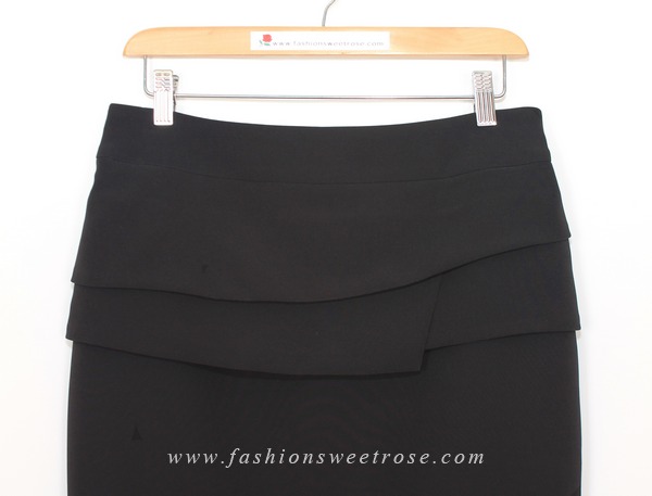 SK-468 กระโปรงทรงสอบ ผ้า Double Twist สีดำ แต่งผ้าซ้อน 3 ชิ้น