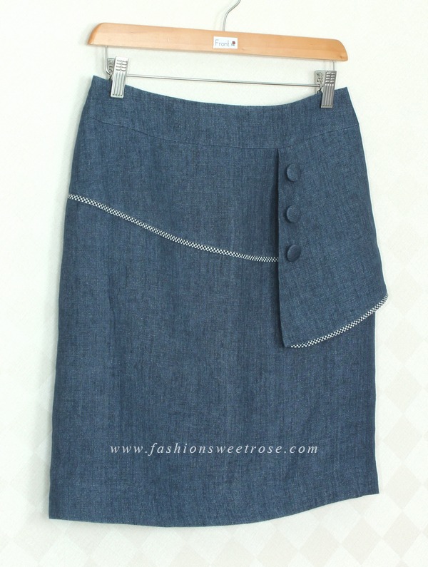 SK-315 กระโปรงทรงเอ ผ้าลินินญี่ปุ่นสียีนส์ แต่งกุ้นระบายด้วยผ้าลายสก๊อต